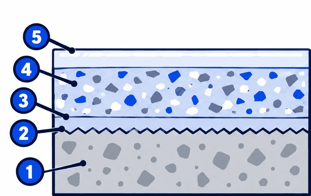 Diagram: cross-section of a flake epoxy garage floor, ground slab, primer, epoxy base coat with broadcast flakes and a clear top coat