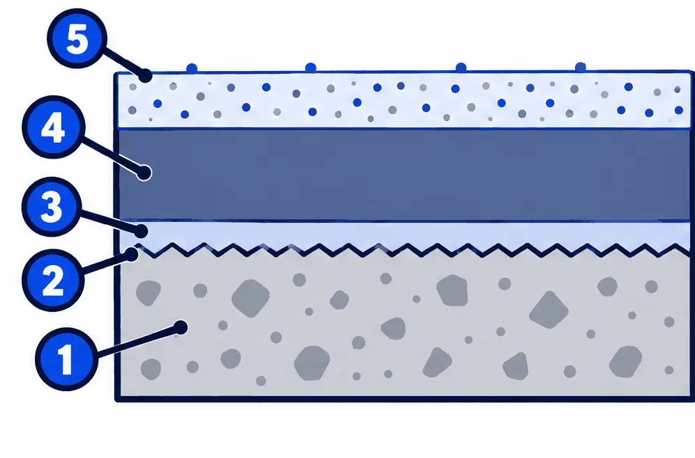 Diagram: cross-section of a solid-color epoxy floor, ground slab, primer, pigmented epoxy coat and optional grit in the top coat