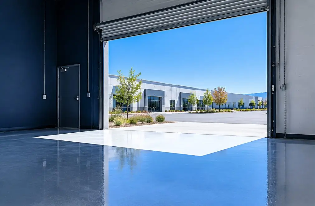 Illustration: a coated floor seen from inside, with Dry Creek Business Park beyond the open door