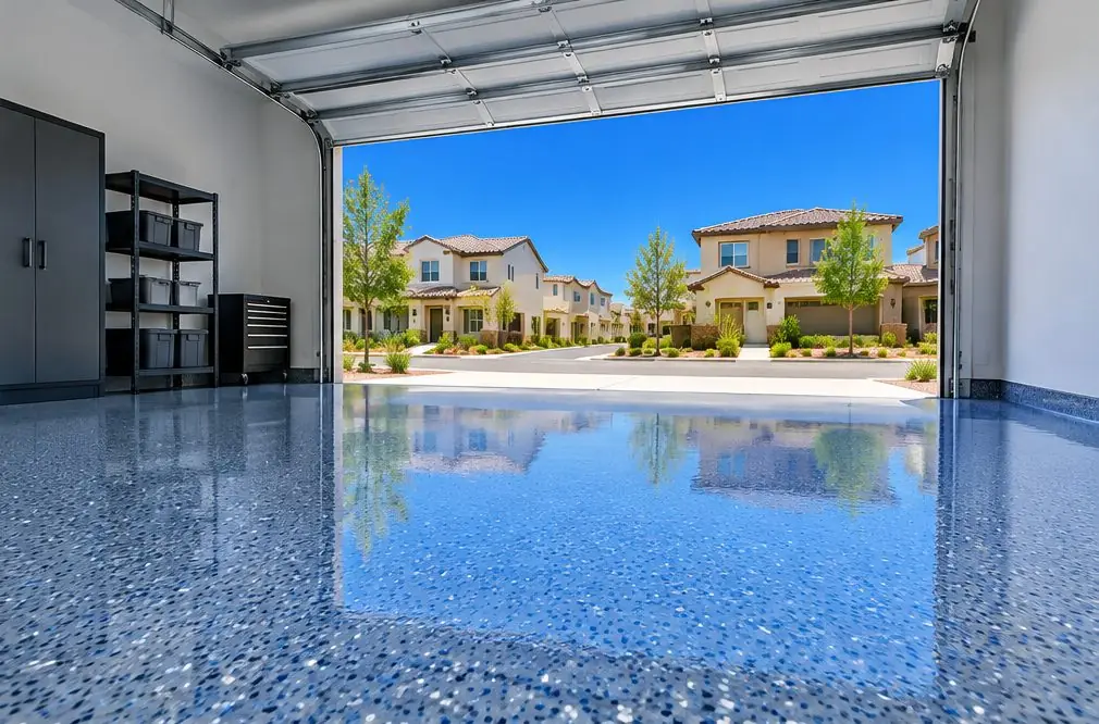 Illustration: a coated floor seen from inside, with Harlan Ranch beyond the open door