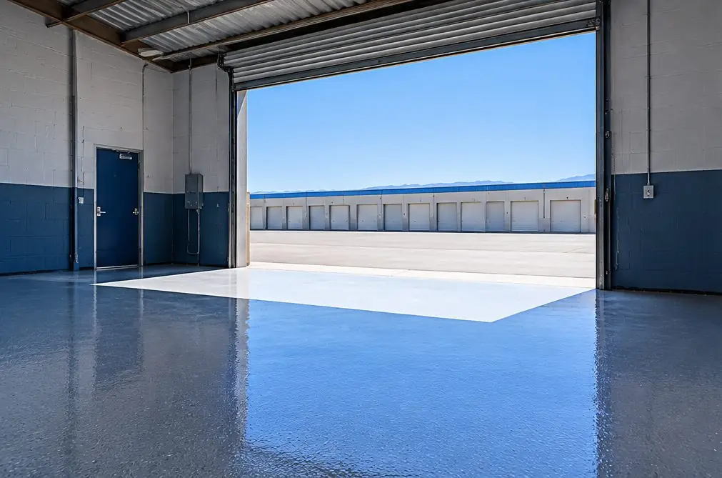 Illustration: a coated floor seen from inside, with Yosemite Business Park beyond the open door